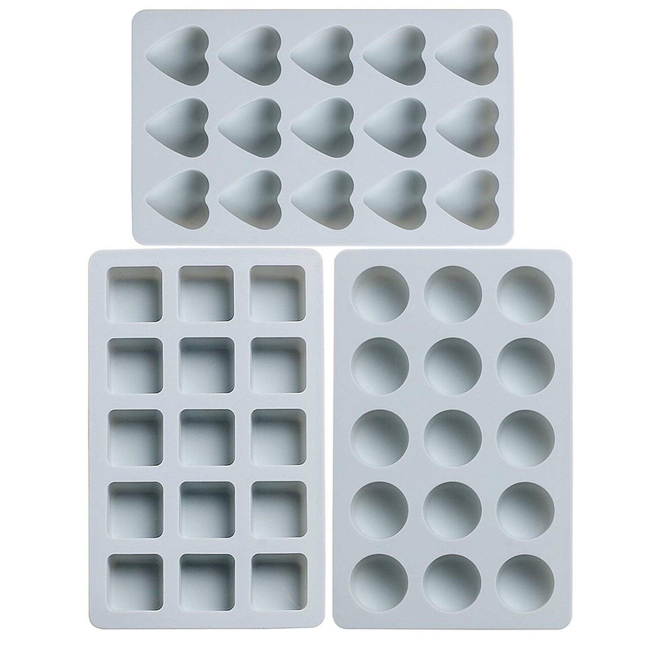3 Pieces Candy and Chocolate Silicone Molds Set Non-stick Including Heart, Round, Square Baking Mold for Hard Candy, Gummy, Hot Caramel, Ice, Cake, Jello, Ganache (Blue)